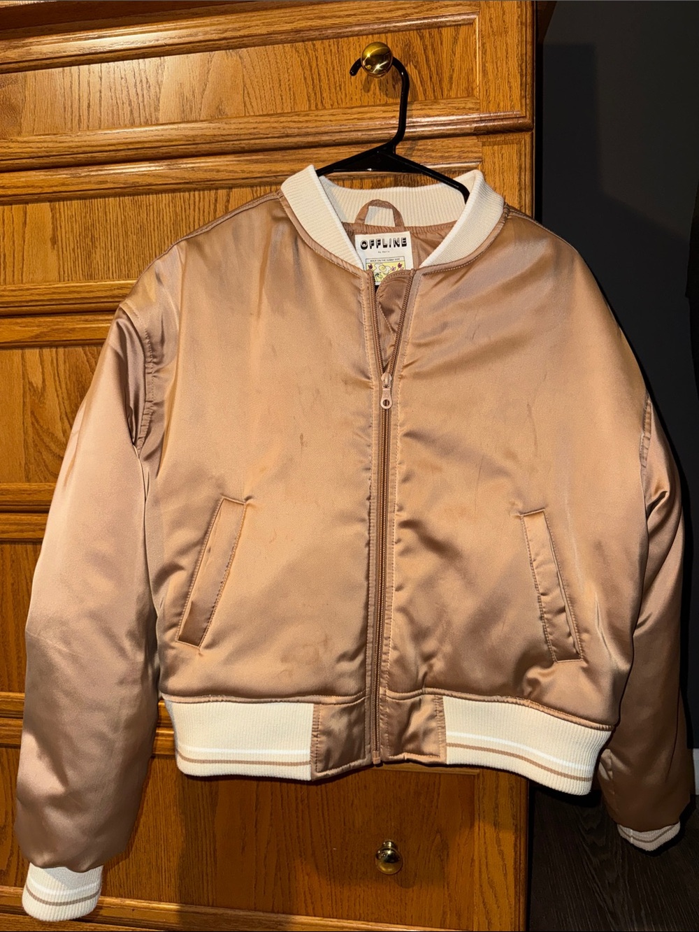 OFFLINE Satin Bomber Jacket in Gold with Ivory Trim